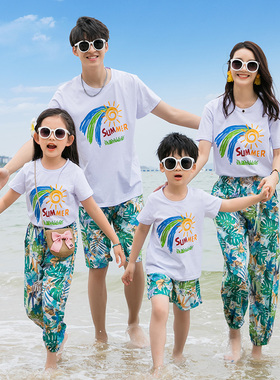 度假亲子装三亚沙滩裤短袖套装一家三四口海边长裤母女装防蚊裤夏