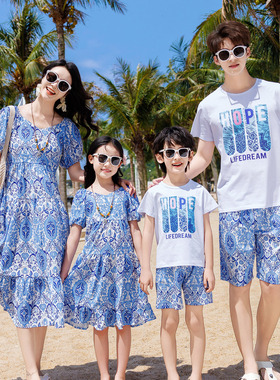 亲子装一家三口四口衬衫岛服套装海边度假母子母女沙滩裙三亚旅游