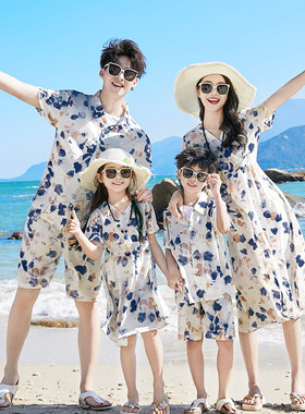 亲子装一家三口四口海南度假衬衣套装夏季沙滩海边母女连衣裙大码