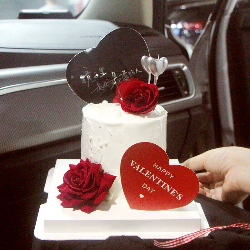 七夕情人节蛋糕装饰爱心红色卡片插卡玫瑰花束蛋糕镜子我最爱的人