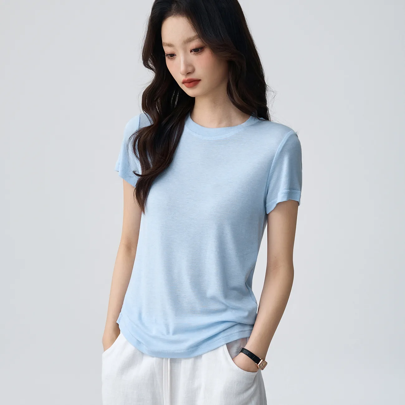 #天丝羊毛 莱赛尔#轻薄软糯无感亲肤透透T恤女夏短袖宽松显瘦上衣