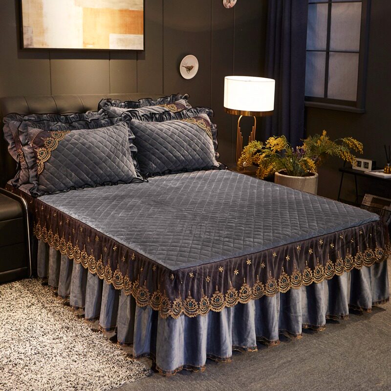 水晶绒床裙法兰绒床套单件防滑冬季夹棉加厚欧式珊瑚绒床罩三件套