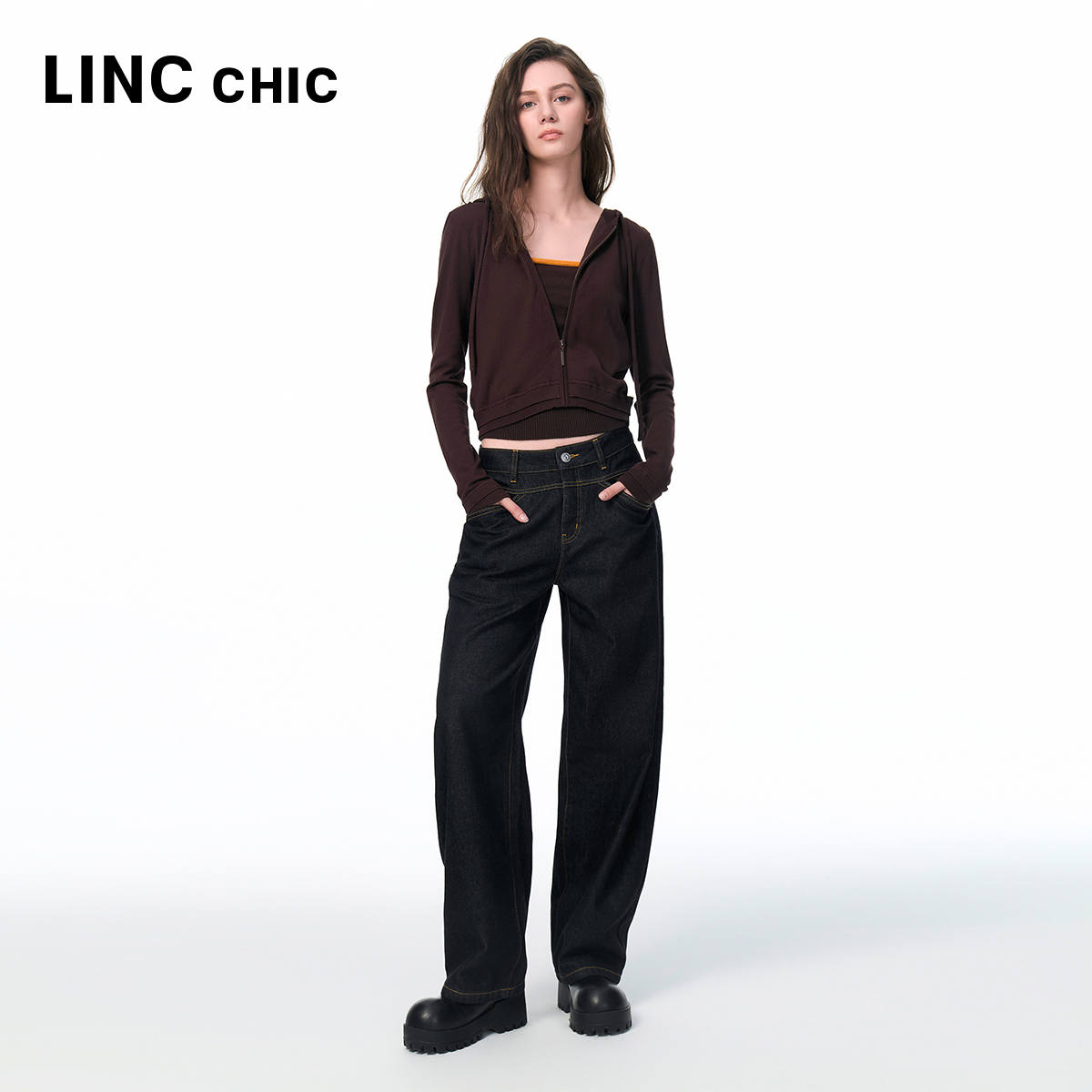 LINC金羽杰2025年秋季新款裤子女原牛低腰弯刀牛仔裤女S253JE352