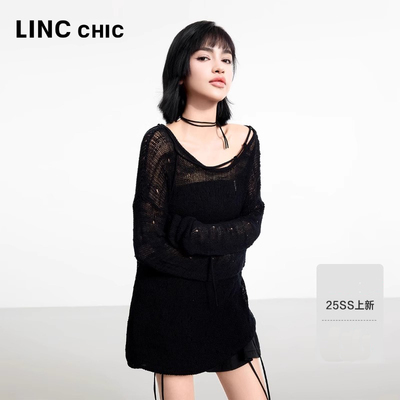LINC金羽杰V领镂空针织衫女