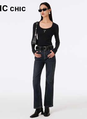 LINCCHIC金羽杰专柜正品中高腰宽松直筒牛仔裤女装S233JE485