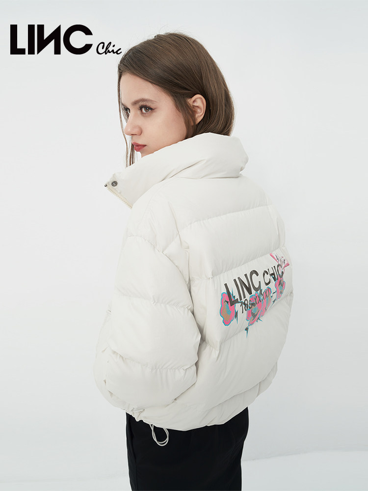 金羽杰简约短款立领印花羽绒服