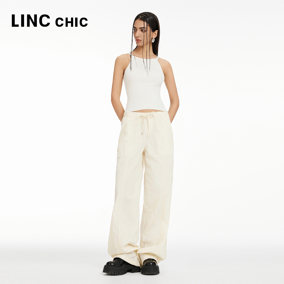 LINCCHIC宽松直筒降落伞长裤