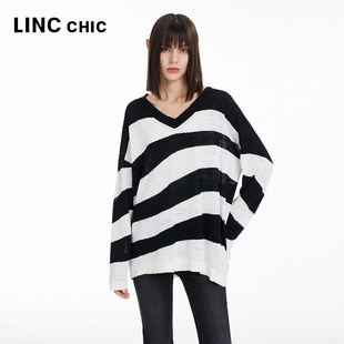 LINCCHIC金羽杰V领针织衫 女S241SW126 上衣女条纹清爽防晒针织罩衫