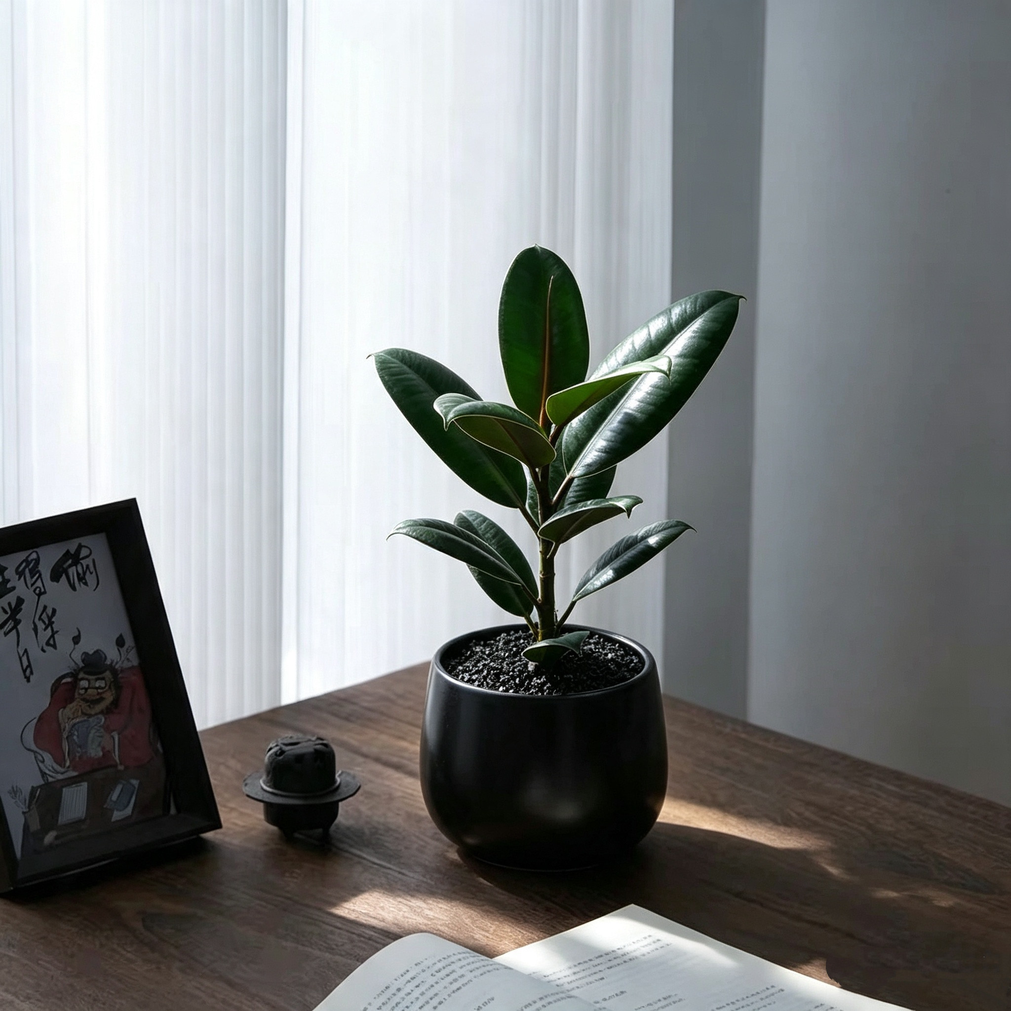 黑金刚橡皮树盆栽中古风绿植摆件懒人好养办公室内客厅桌面小植物图片