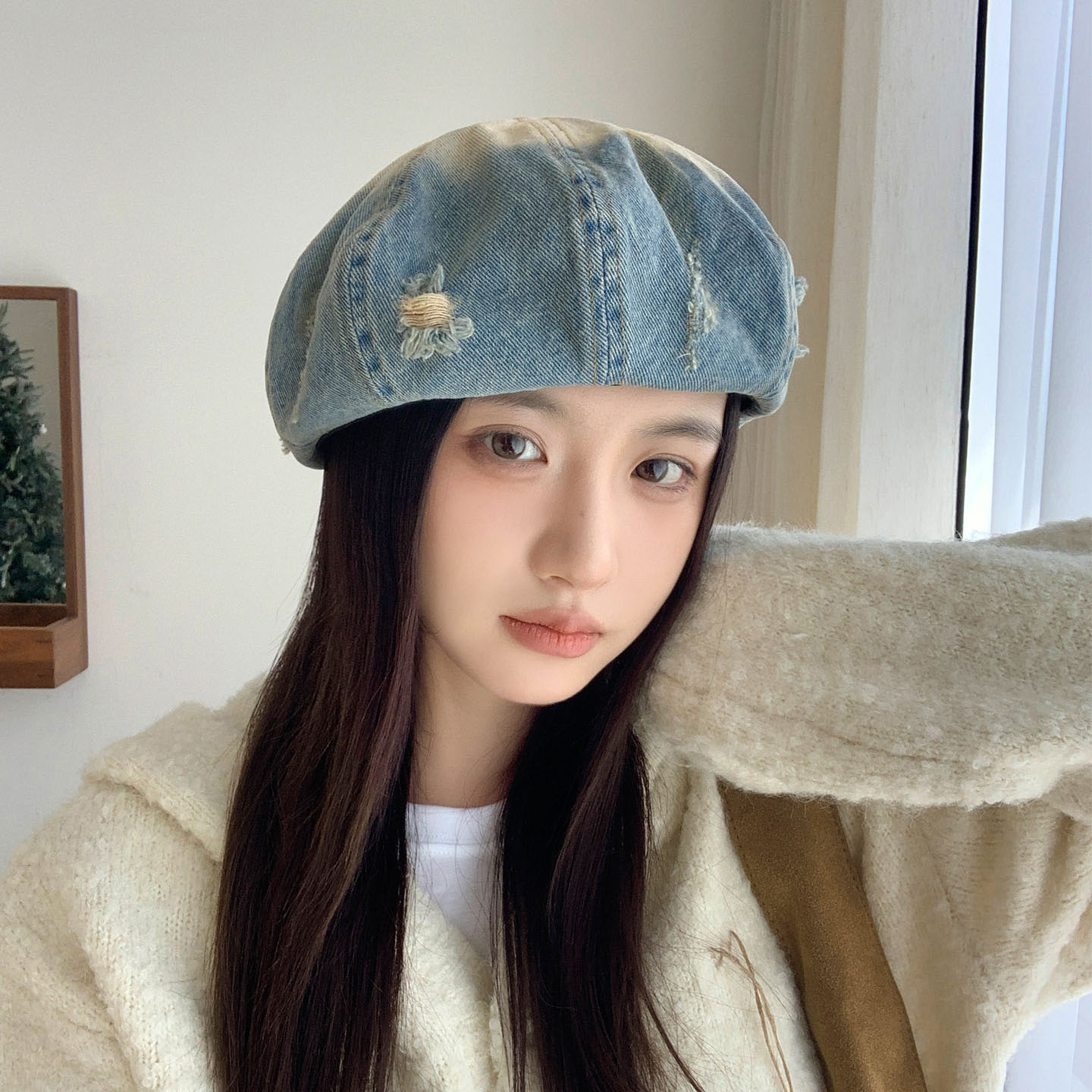 韩系牛仔贝雷帽大头围显脸小