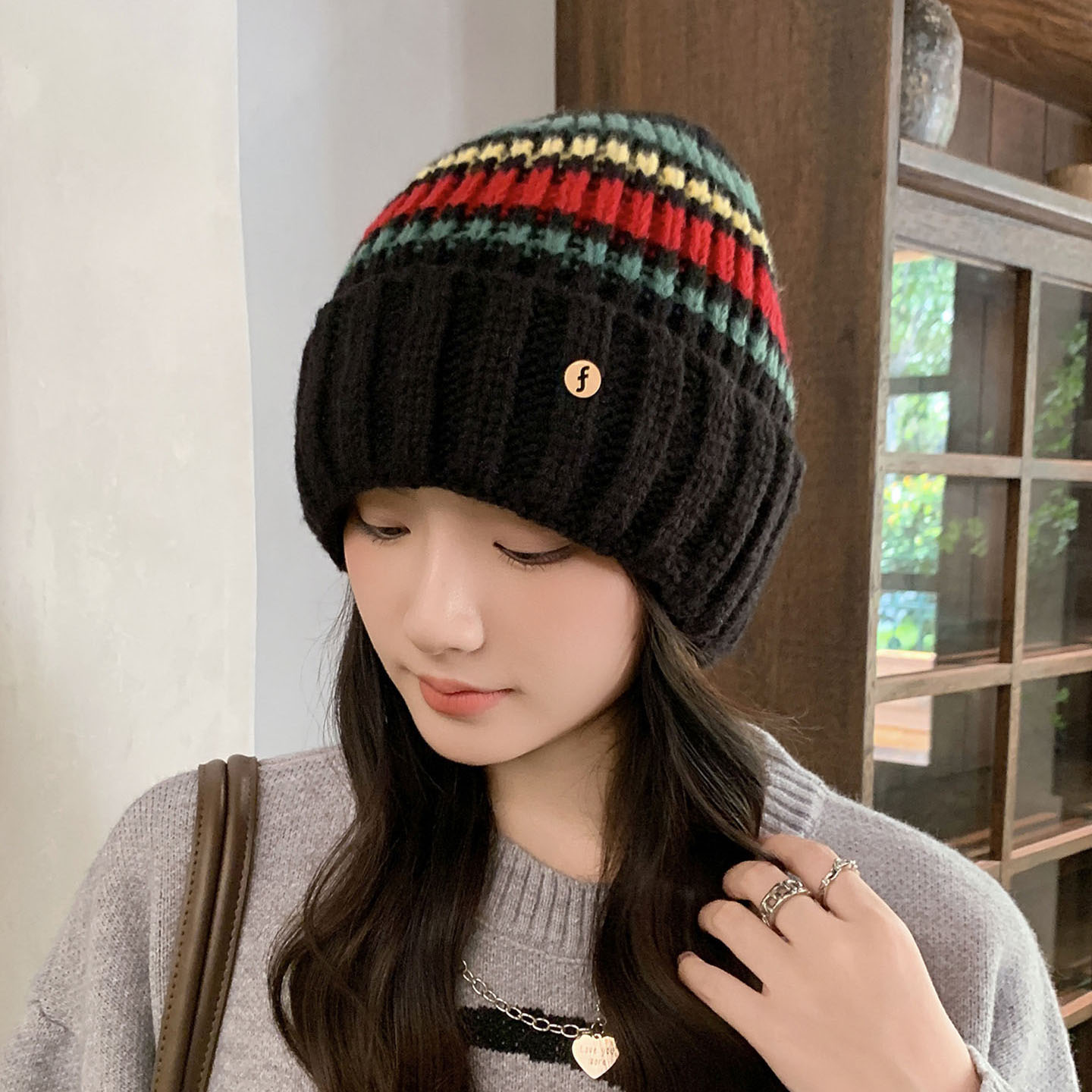 秋冬新款拼色条纹毛线套头帽