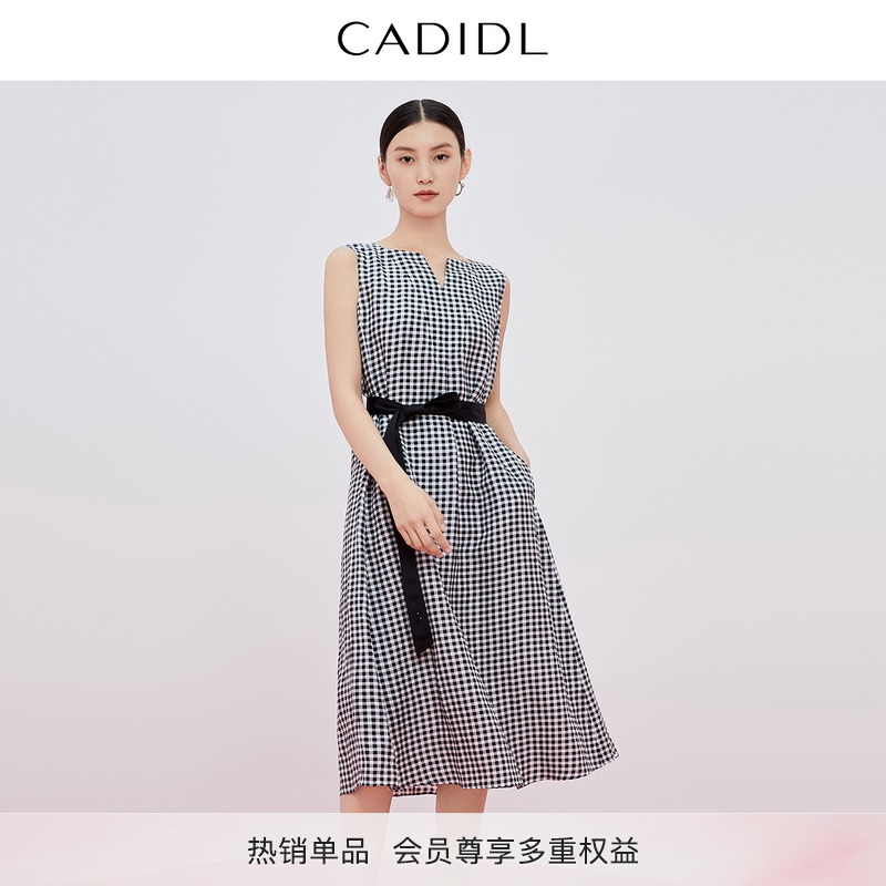 【桑蚕丝】CADIDL卡迪黛尔商场同款2025夏季新款气质格子连衣裙女