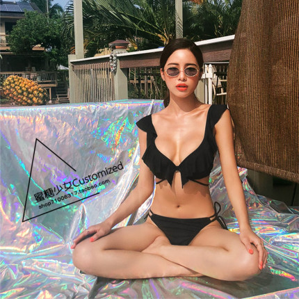 INS复古辣妹性感荷叶边小胸钢托聚拢比基尼 显白温泉度假风泳衣女