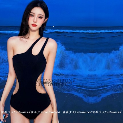 纯欲风性感黑色连体单肩泳衣女绝美高级感遮肚显瘦泡温泉度假泳装