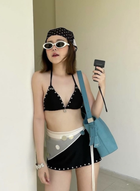 美式复古辣妹性感黑色比基尼酷飒小胸温泉海边度假裙式绑带泳衣女