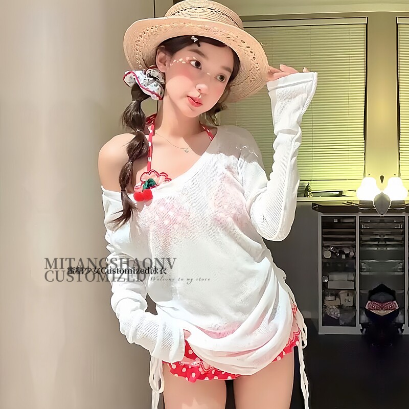 日系甜美少女可爱小樱桃比基尼纯欲风长袖防晒罩衫三件套度假泳衣