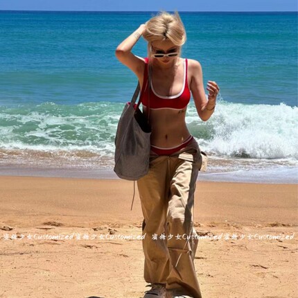 港风复古小胸辣妹红色显白背心比基尼高级感泡温泉海边度假泳衣女