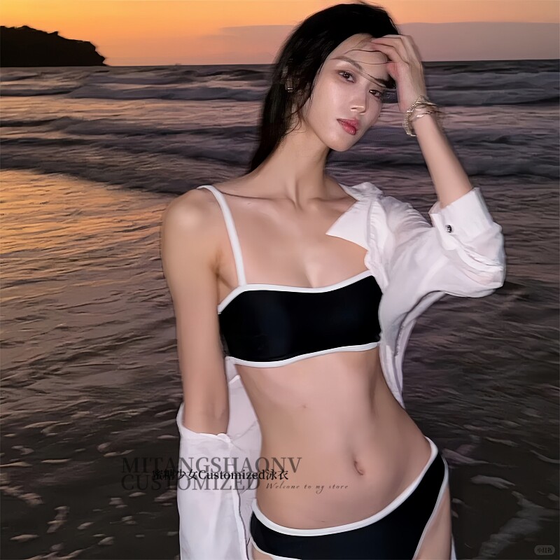 泰国复古辣妹性感黑色抹胸吊带比基尼简约高级感纯欲海岛度假泳衣