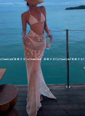 泰国纯欲白色透视网纱花朵长裙比基尼高级感绝美女神海岛度假泳衣