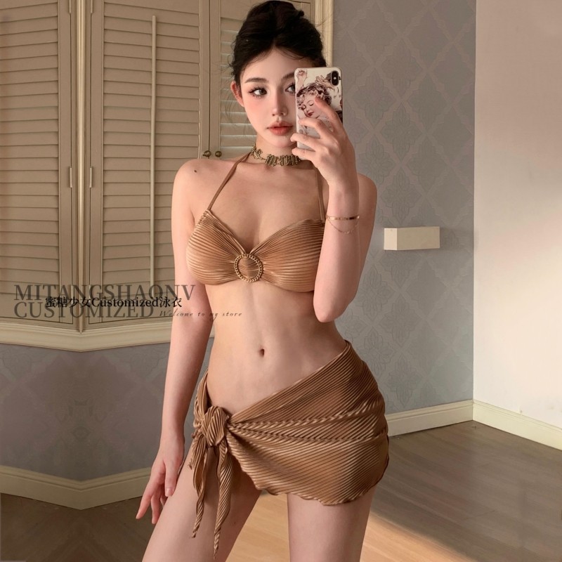 Brown bikini + scarf (three-piece set)