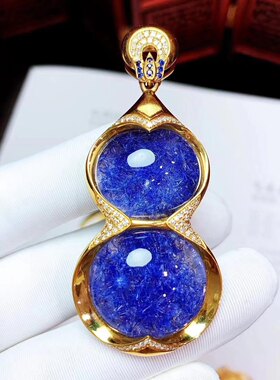 天然蓝发晶吊坠蓝发晶花葫芦吊坠18k金重金镶嵌47*27*11mm