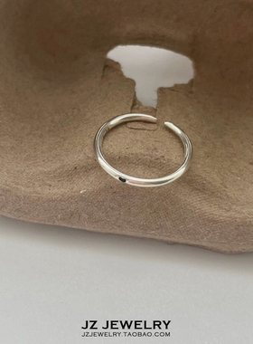 JZ S925纯银带钢印 韩版简约冷淡风 黑色可爱爱心细素圈开口戒指