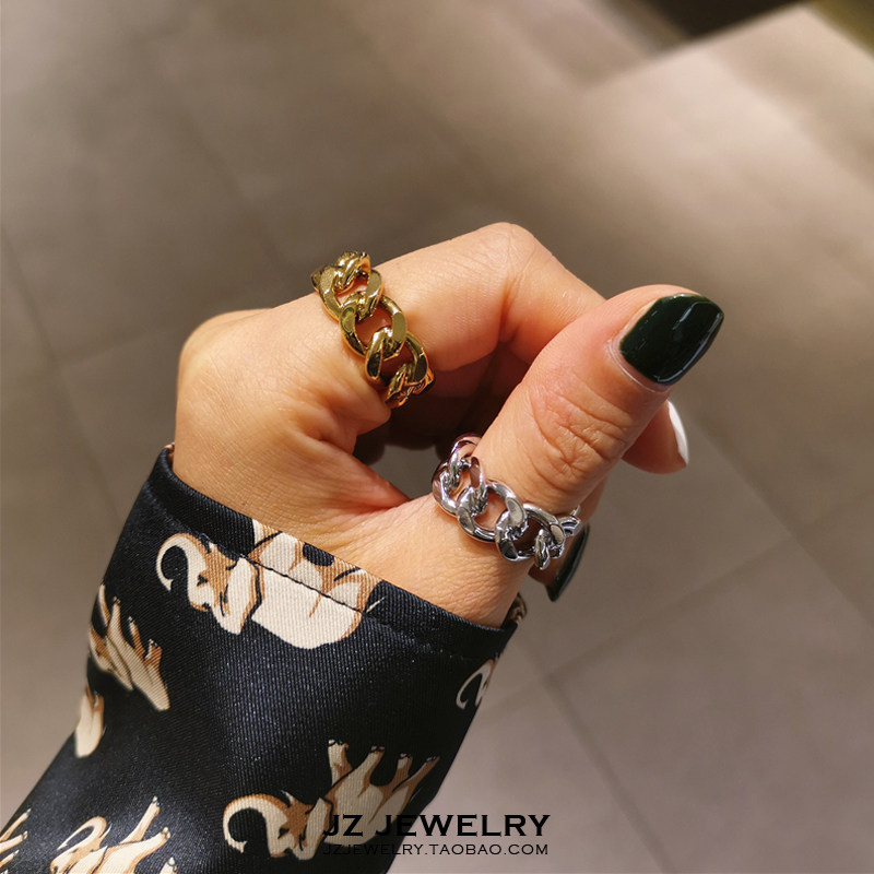 JZ Ring 欧美简约ins风男女情侣指环 韩国气质复古宽链条开口戒指