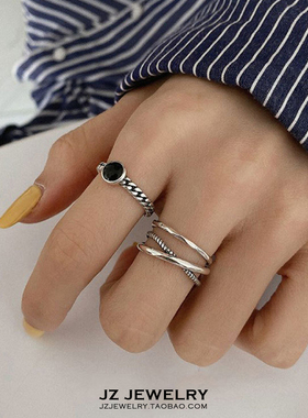 JZ S925纯银 欧美法式简约指环男 韩国冷淡风气质几何开口戒指女