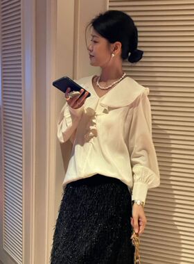 SWHP 正品现货 很滑 气质荷叶领长袖衬衫春季百搭宽松衬衣上衣