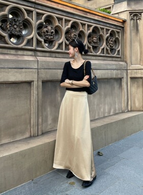 SWHP 【现货】简约气质丝滑垂感高腰半身裙秋季百搭优雅A字中长裙