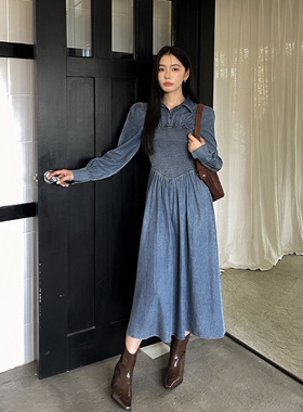 SWHP 大清仓 洋气复古柔软牛仔长袖连衣裙春秋收腰显瘦中长裙