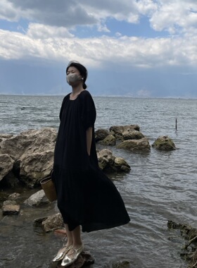 SWHP 现货 重工 简约文艺风纹理 短袖连衣裙夏宽松洋气气质中长裙