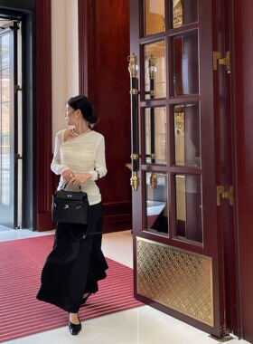 SWHP 莱赛尔 天丝褶皱小众设计长袖斜领肩T恤秋季通勤网纱修身米