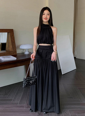 SWHP 【现货口碑款】重工订制 气质抽绳背心＋高腰工装半身裙套装