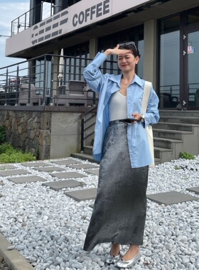 SWHP 进口面料 遮肉半松紧高腰夏季半身裙百搭直筒开衩中长裙