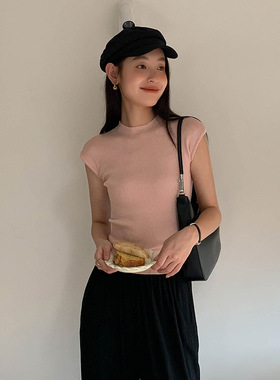 SWHP 清仓 半高领黑色针织短袖T恤秋季新款修身露腰系带毛衣