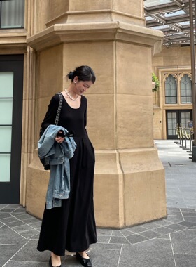 SWHP 正品现货 微弹气质简约两穿U领长袖连衣裙早春遮肉中长裙