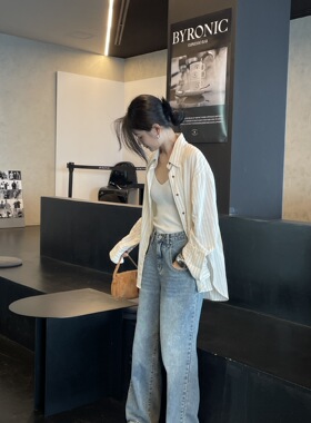 SWHP 【现货】条纹长袖衬衫春秋宽松休闲百搭通勤防晒衬衣开衫