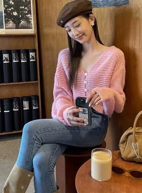 SWHP 正品现货 30羊毛软糯温柔毛衣V领针织开衫春秋冬短款上衣