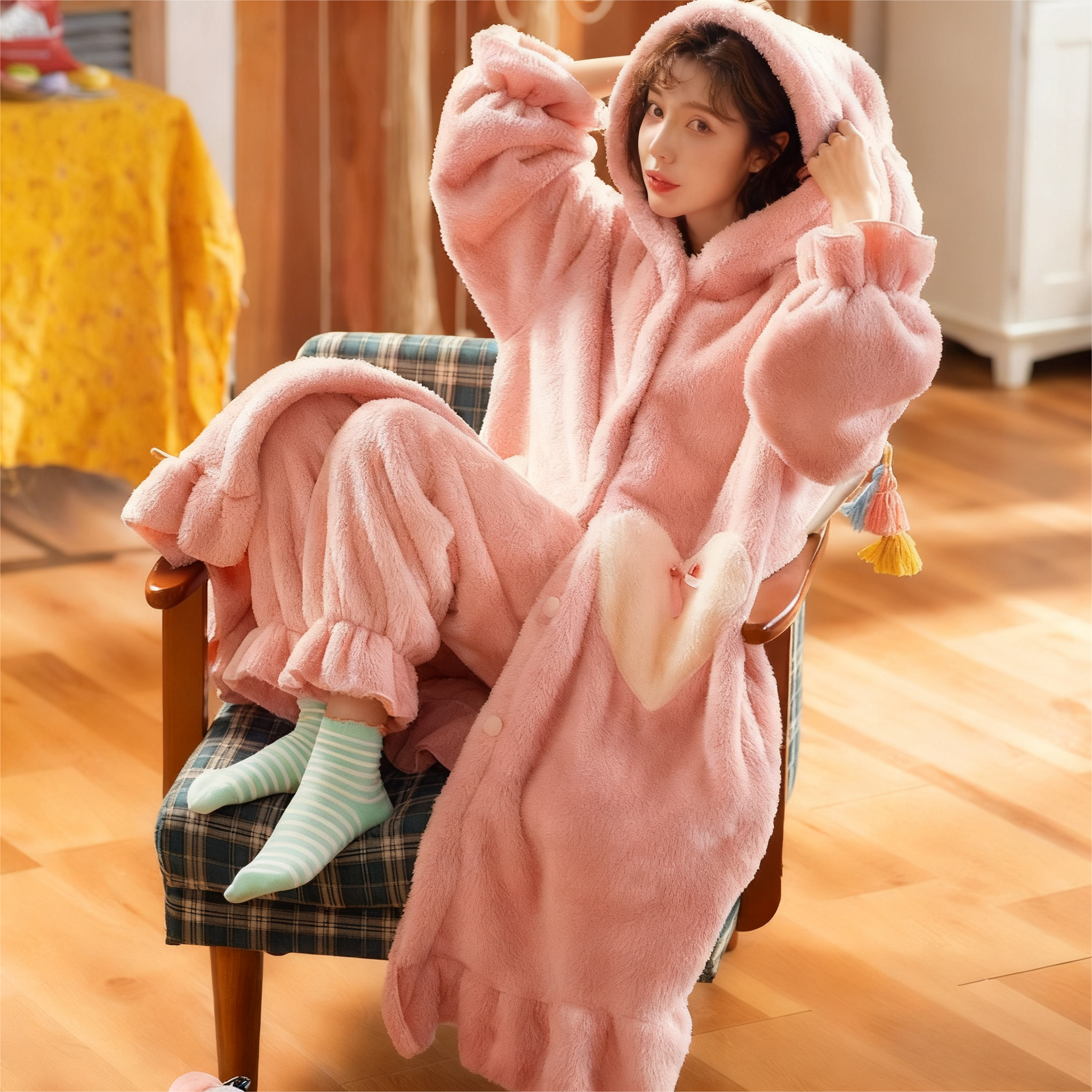 睡衣女秋冬毛绒宽松可爱公主风珊瑚绒加绒加厚睡袍睡裙浴袍家居服