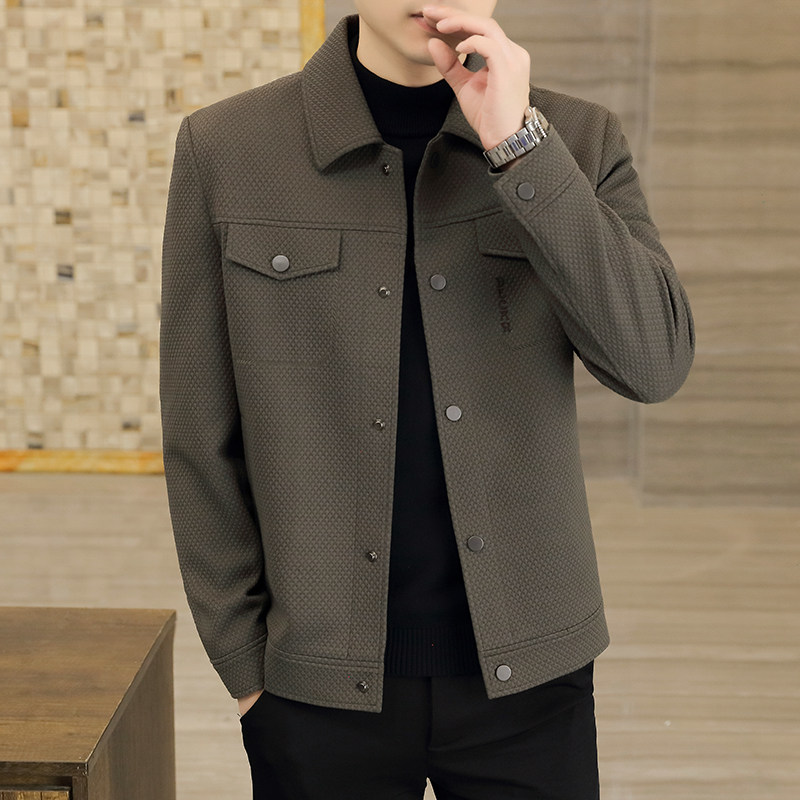 高端翻领秋冬季外套男成熟休闲加厚修身垫肩夹克风衣秋装西服上衣