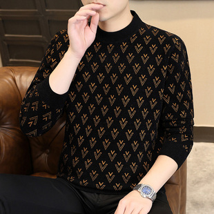 高端提花男士圆领毛衣2025秋冬季新款修身内搭加绒加厚保暖打底衫