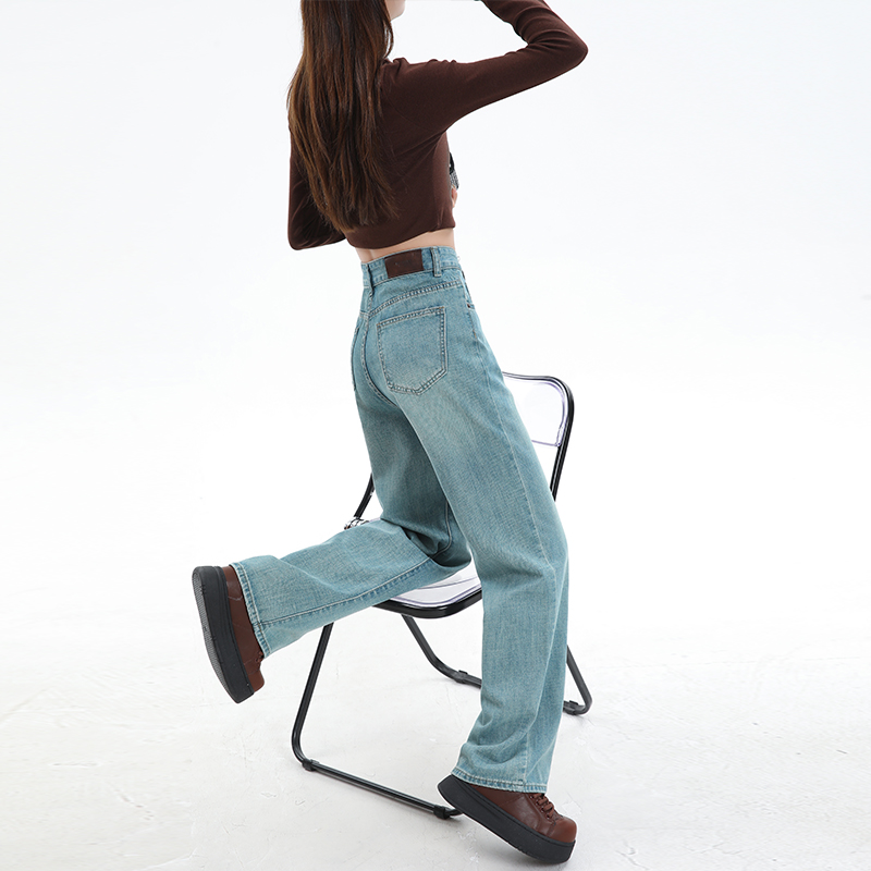 宽松翡翠绿窄版春秋季复古阔腿