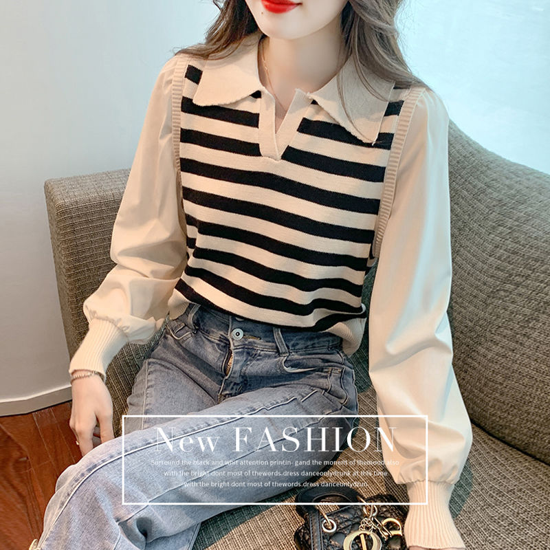 假两件条纹针织衫秋季设计感别致减龄宽松2024新款女装长袖上衣女
