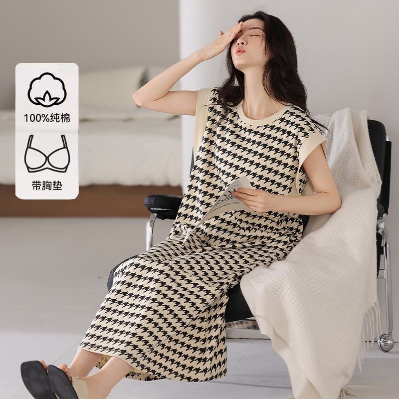带胸垫睡裙女夏季纯棉无袖背心连衣裙中长款大码睡衣可外穿家居服