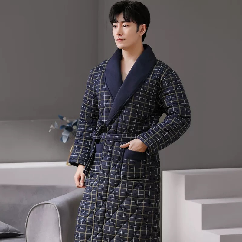 男士睡袍冬季三层夹棉加厚保暖中长款睡衣冬天纯棉大码浴袍家居服