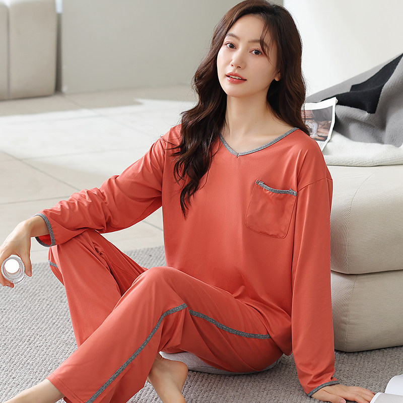 莫代尔睡衣女士春秋季长袖长裤中年妈妈薄款加肥加大码家居服套装
