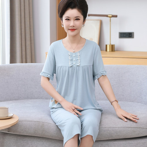 睡衣女夏季莫代尔短袖七分裤薄款大码可外穿中老年妈妈家居服套装