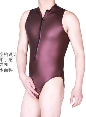 男士仿皮连体内衣时尚性感紧身打底衫无袖高领背心立领pu皮高弹红