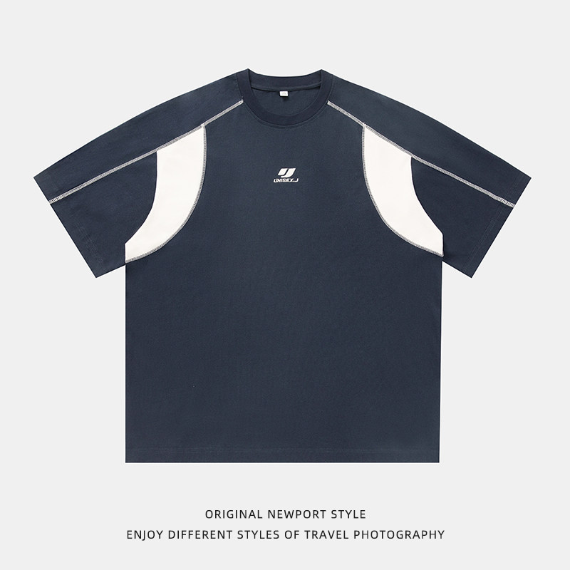 平铺男情侣潮牌夏季新款撞色明线拼接设计短袖T恤MT7159-P40控59，男装T恤，电商A362